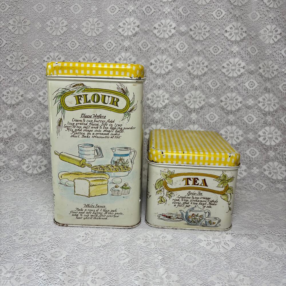Vintage Recipe Tin Canister Set Flour & Tea Yellow Gingham Metal Kitchen Storage